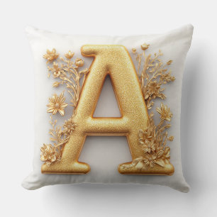 Elegant Golden Letter A with Delicate Flowers Throw Pillow