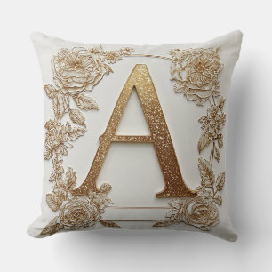 Elegant Golden Letter A with Delicate Flowers Throw Pillow