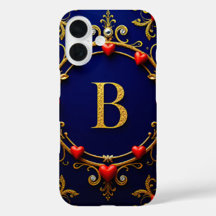Elegant Golden Letter B Surrounded by Hearts iPhone 16 Case