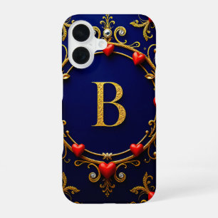 Elegant Golden Letter B Surrounded by Hearts iPhone 16 Case
