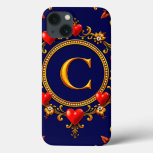 Elegant Golden Letter C Surrounded by Hearts iPhone 13 Case