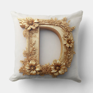 Elegant Golden Letter D with Delicate Flowers Throw Pillow