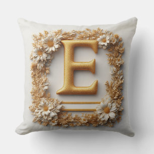Elegant Golden Letter E with Delicate Flowers Throw Pillow