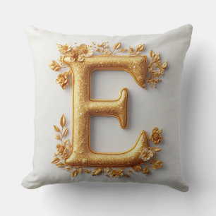 Elegant Golden Letter E with Delicate Flowers Throw Pillow