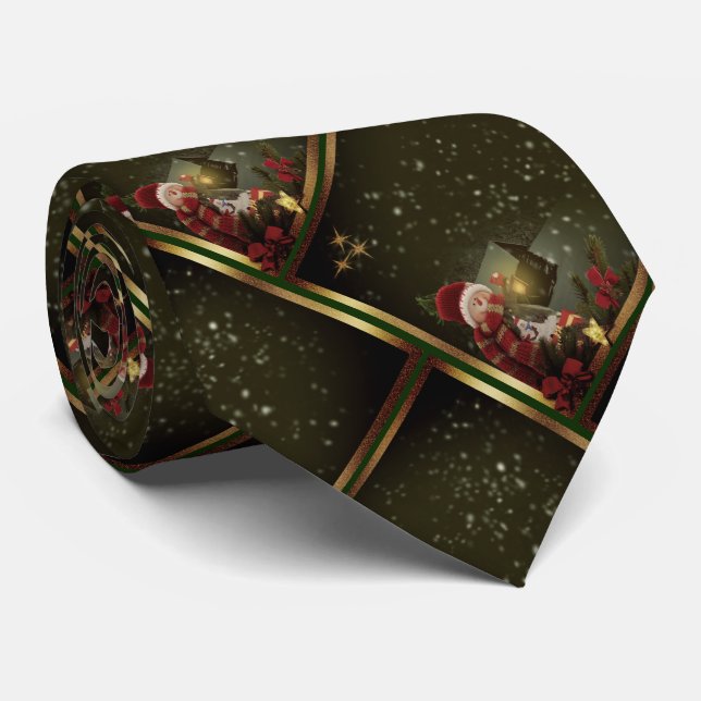Elegant Golden Lines Snowman Tree  Tie (Rolled)