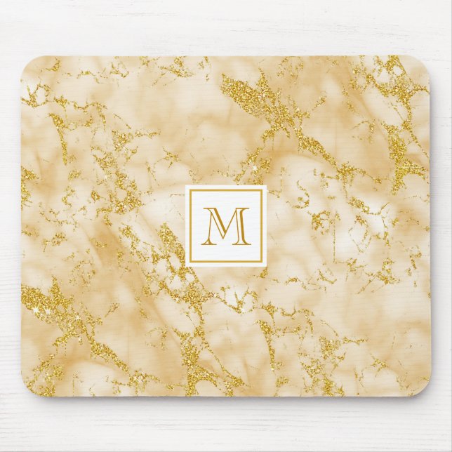 Elegant Golden Marble Monogram Faux Gold Glitter Mouse Pad (Front)