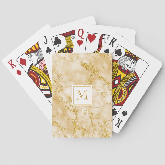 Elegant Golden Marble Monogram Faux Gold Glitter Playing Cards (Back)