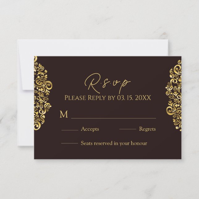 Elegant Golden Maroon Damask  RSVP Card (Front)