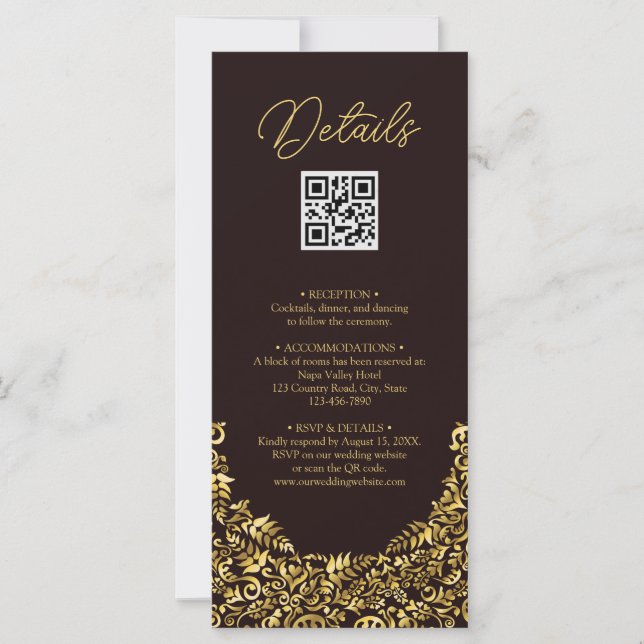 Elegant Golden Maroon QR Code Wedding Detail Card (Front)