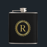 Elegant Golden Medallion Monogram Hip Flask<br><div class="desc">An elegant golden medallion and custom monogram. that you can personalize with your desired initial. Shown here in black,  the black background may be changed to the colour of your choice. Makes a great gift choice for birthdays,  Father's Day,  groomsmen,  Christmas and more.</div>