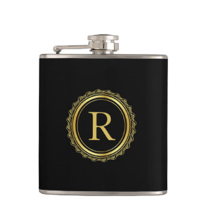 Elegant Golden Medallion Monogram Hip Flask