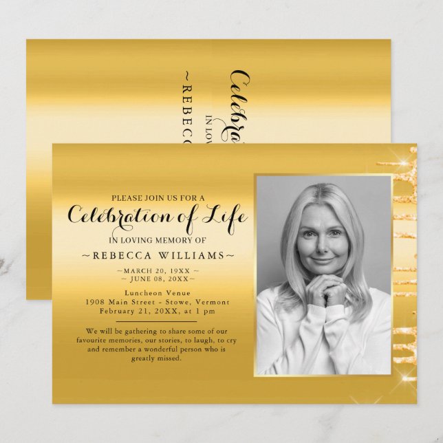 Elegant Golden Modern Photo Celebration of life Invitation (Front/Back)