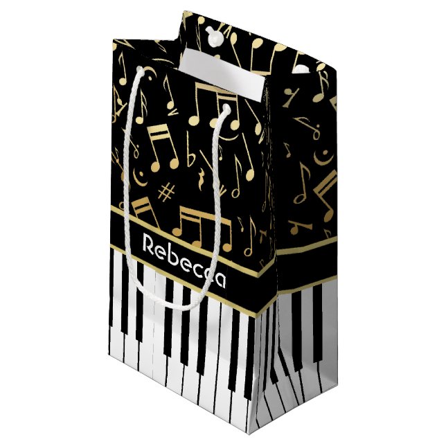 Elegant golden music notes piano keys small gift bag (Front Angled)