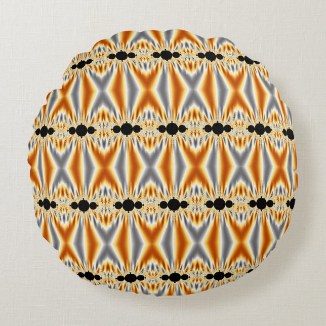 Elegant Golden Orange & Silver Fractal Round Pillow (Front)
