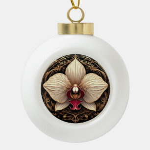 Elegant Golden Orchid Design Ceramic Ball Christmas Ornament