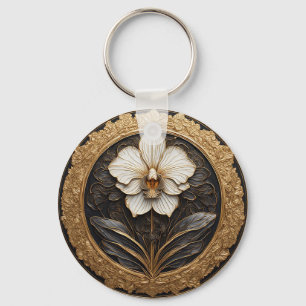 Elegant Golden Orchid Design Keychain