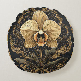 Elegant Golden Orchid Design Round Pillow