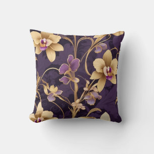 Elegant Golden Orchid Flowers on Royal Purple Throw Pillow