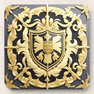 Elegant Golden Ornamental Crest with Shield Coaster
