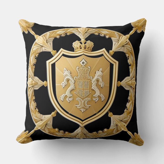 Elegant Golden Ornamental Crest with Shield Throw Pillow (Front)
