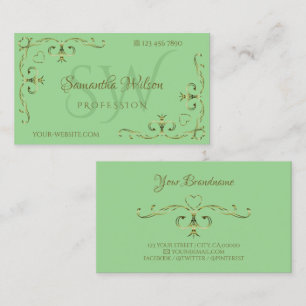 Elegant Golden Ornate Corners Initials Sage Green Business Card