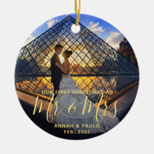 Elegant Golden Our First Christmas Mr. Mrs. Photo Ceramic Ornament
