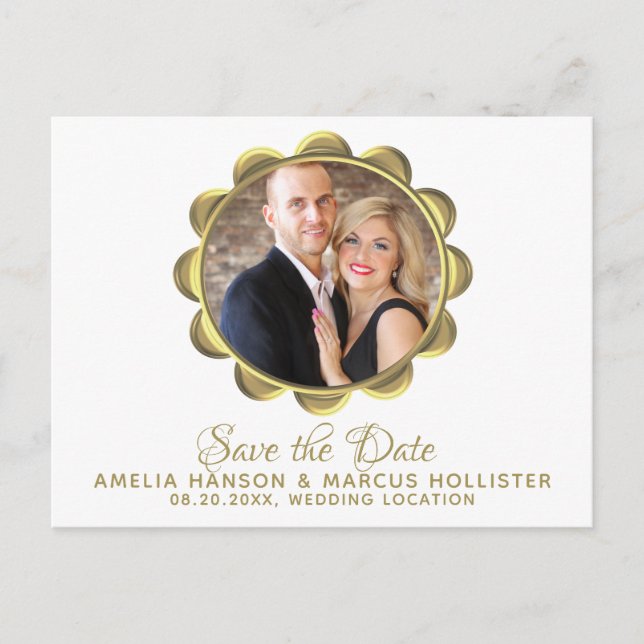Elegant Golden Oval Frame Save the Date Photo Announcement Postcard (Front)