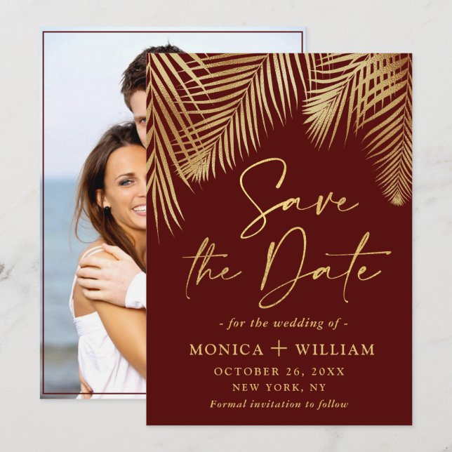 Elegant Golden Palm Branch Wedding Photo Save The Date (Front/Back)