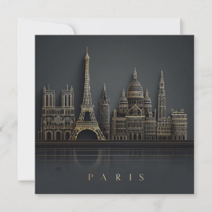 Elegant Golden Paris City Skyline Illustration Holiday Card