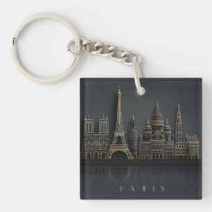 Elegant Golden Paris City Skyline Illustration Keychain