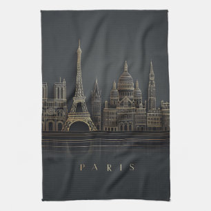 Elegant Golden Paris City Skyline Illustration Kitchen Towel
