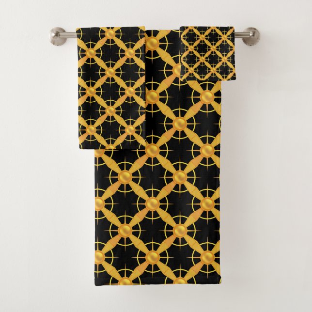 Elegant Golden Pattern on Black Bath Towel Set (Insitu)