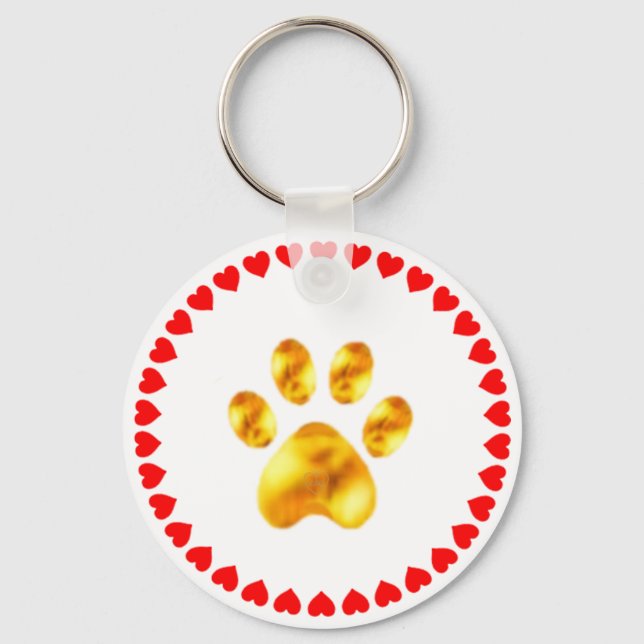 Elegant golden paw with hearts on white keychain (Front)
