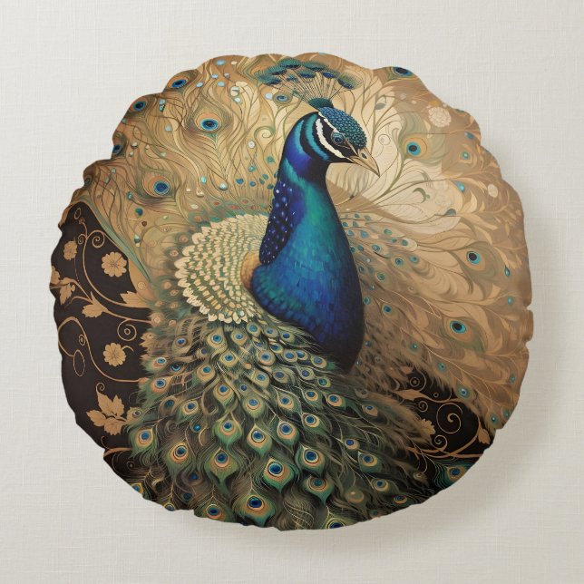 Elegant Golden Peacock Bird Round Pillow (Front)