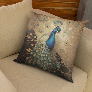 Elegant Golden Peacock Bird Throw Pillow