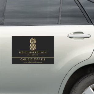 Elegant Golden Pineapple Logo on Black Car Magnet