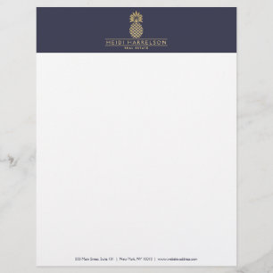 Elegant Golden Pineapple Logo on Dusky Blue Letterhead