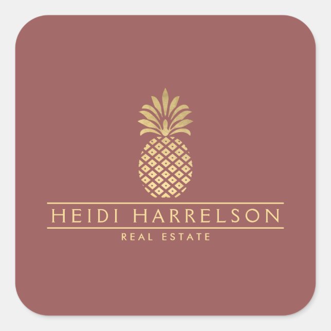Elegant Golden Pineapple Logo on Dusky Red Square Sticker (Front)