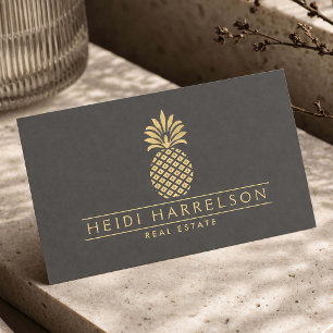 Elegant Golden Pineapple Logo on Grey Business Card