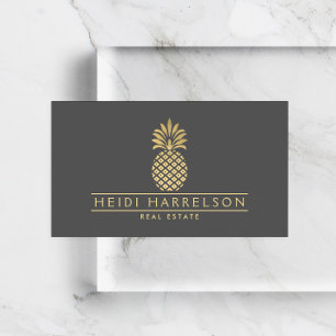 Elegant Golden Pineapple Logo on Grey Business Card