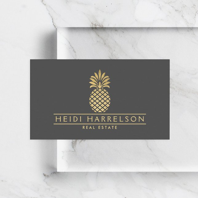 Elegant Golden Pineapple Logo on Grey Business Card (Creator Uploaded)