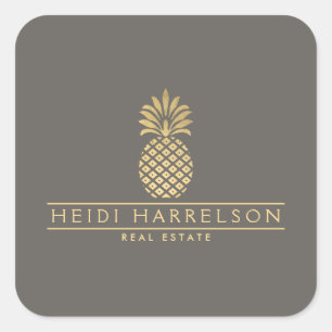 Elegant Golden Pineapple Logo on Taupe Square Sticker