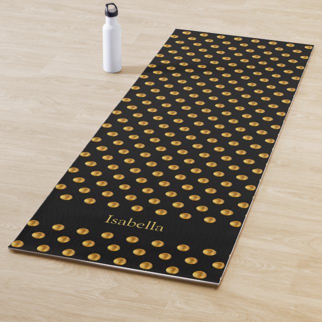Elegant Golden Polka Dots on Black Yoga Mat (In Situ)