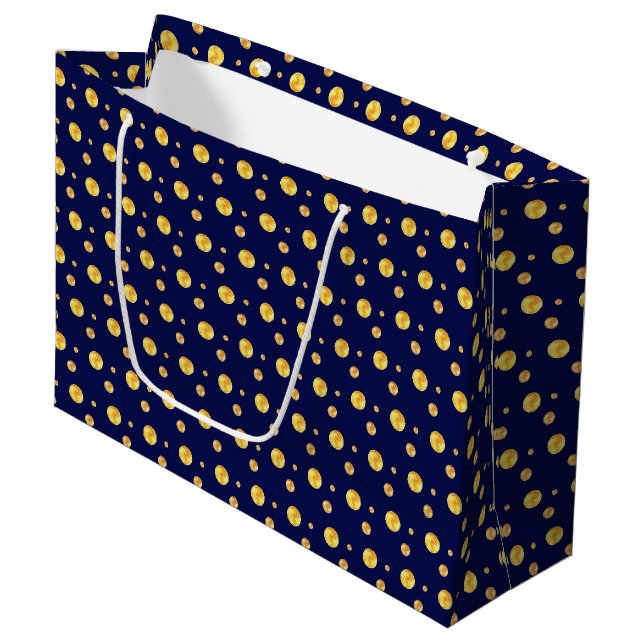 Elegant golden polka dots on navy blue large gift bag (Front Angled)