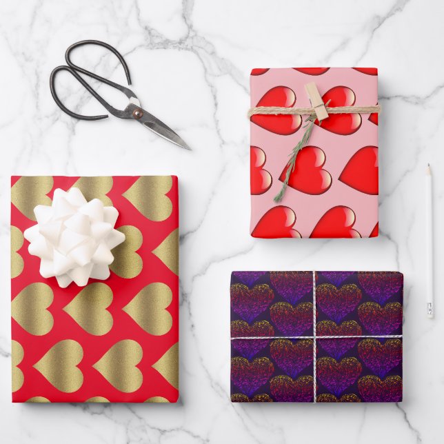 Elegant Golden Red Colourful Hearts Valentines Day Wrapping Paper Sheet (Front)