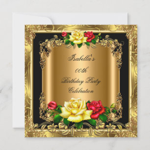 Elegant Golden Red Yellow Roses Birthday Party Invitation
