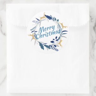 Elegant Golden Reindeer Floral Christmas Wreath Classic Round Sticker