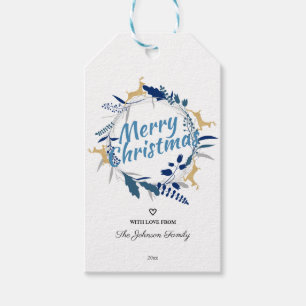 Elegant Golden Reindeer Floral Christmas Wreath Gift Tags