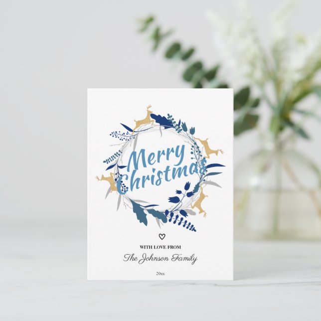 Elegant Golden Reindeer Floral Christmas Wreath Ho Holiday Postcard (Standing Front)