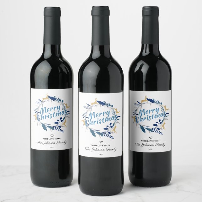 Elegant Golden Reindeer Floral Christmas Wreath Wine Label (Bottles)